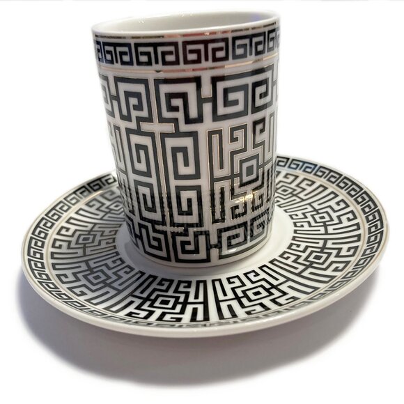 2 Sets of NEW B/W Greek Key Design Bone China C&S 2-Piece Espresso Sets w/Gold … - Picture 3 of 5